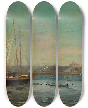 Triptych art skateboard deck of Stanisaw Chlebowski Panorama Of Istanbul by Stanislaw Chlebowski (1835-1884)