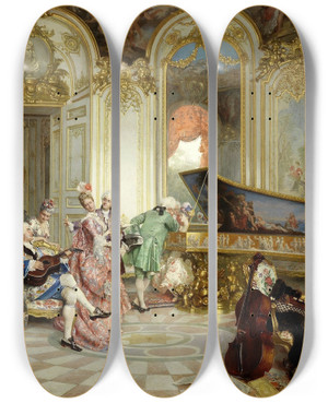 Triptych art skateboard deck of Oreste Cortazzo A Musical Soire by Oreste Cortazzo (1836-1910)