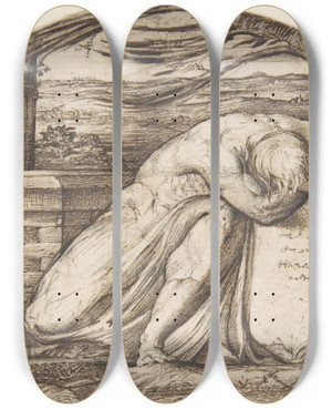 Triptych art skateboard deck of George Richmond A Figure Weeping Over A Grave by George Richmond (1809-1896)
