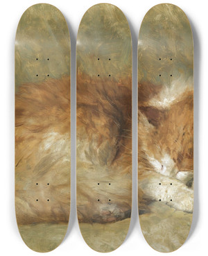 Triptych art skateboard deck of Henritte Ronnerknip A Sleeping Cat by Henritte Ronner-Knip (1821-1909)