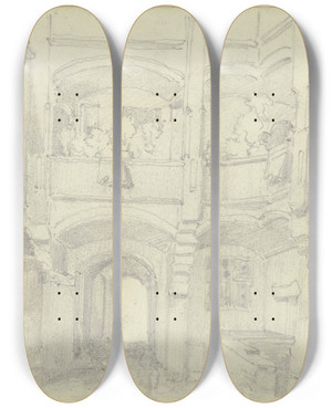 Triptych art skateboard deck of Johann Friedrich Hoff Inner Yard In Munich by Johann Friedrich Hoff (1832-1913)
