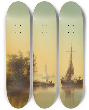 Triptych art skateboard deck of Josef Carl Berthold Pttner Mndung Der Maas by Josef Carl Berthold Puttner (1821-1881)