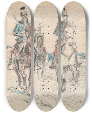 Triptych art skateboard deck of Ivan Ivanec Trzej Uani Austriaccy Na Koniach by Ivan Ivanec (1893-1946)