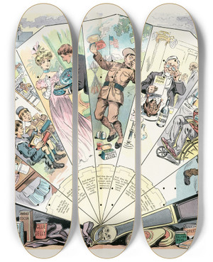 Triptych art skateboard deck of Samuel Ehrhart The Seven Ages Of Dope by Samuel Ehrhart (1862-1937)