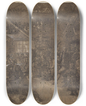 Triptych art skateboard deck of Adolph Tidemand Bondebryllup I Et Interir by Adolph Tidemand (1814-1876)