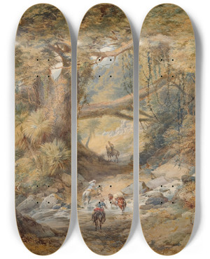 Triptych art skateboard deck of Nicholas Chevalier Crossing The Teremakau River by Nicholas Chevalier (1828-1902)