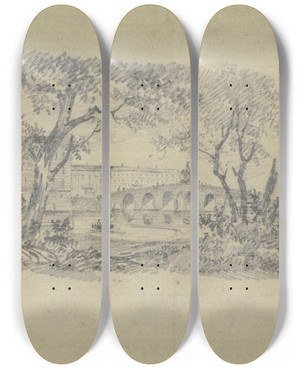 Triptych art skateboard deck of Fritz Bamberger Stadtansicht Mit Steinerner Brcke by Fritz Bamberger (1814-1873)