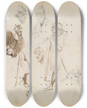 Triptych art skateboard deck of Eugne Delacroix Studienblatt Zu Faust by Eugene Delacroix (1798-1863)