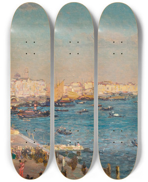 Triptych art skateboard deck of Beppe Ciardi Venice La Riva Degli Schiavoni by Beppe Ciardi (1875-1932)