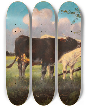 Triptych art skateboard deck of Antonio Montemezzo Cows In A Meadow by Antonio Montemezzo (1841-1898)