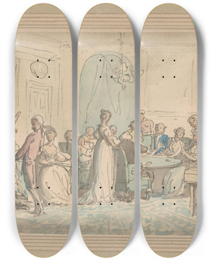 Triptych art skateboard deck of Thomas Rowlandson An Evening Party by Thomas Rowlandson (1756-1827)