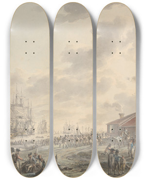 Triptych art skateboard deck of Dirk Langendijk British Troops Disembarking by Dirk Langendijk (1748-1805)