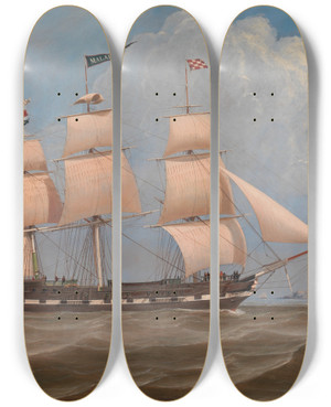 Triptych art skateboard deck of William Clark The English Merchant Ship Malabar by William Clark (1803-1883)