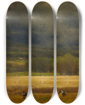 Triptych art skateboard deck of George Inness The Wheat Field by George Inness (1825-1894)