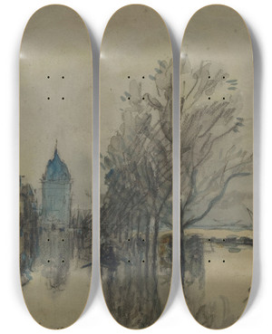 Triptych art skateboard deck of Frank Myers Boggs Vue De La Seine Pendant Les Inondations by Frank Myers Boggs (1855-1926)
