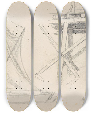 Triptych art skateboard deck of Hans Gude Seilbt Brygge I Gjvik by Hans Gude (1825-1903)