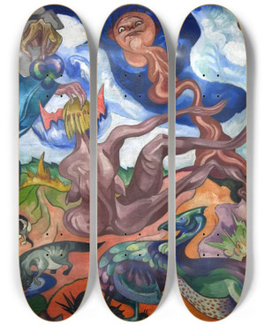 Triptych art skateboard deck of Stanisaw Ignacy Witkiewicz Tworzenie Wiata by Stanislaw Ignacy Witkiewicz (1885-1939)