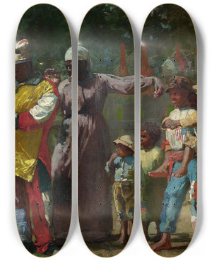 Triptych art skateboard deck of Winslow Homer Dressing For The Carnival by Winslow Homer (1836-1910)