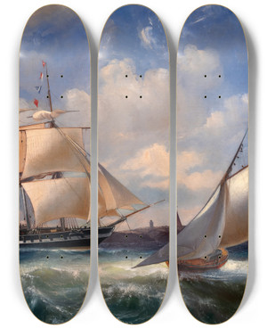 Triptych art skateboard deck of Arnold Plagemann Seascape Vinga Lighthouse by Arnold Plagemann (1826-1862)
