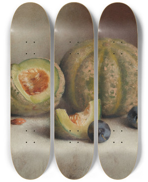 Triptych art skateboard deck of Joseph Decker Still Life With Plums And Melons by Joseph Decker (1853-1924)