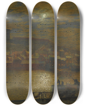 Triptych art skateboard deck of John Atkinson Grimshaw Whitby From Scotch Head Moonlight On The Esk by John Atkinson Grimshaw (1836-1893)
