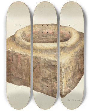 Triptych art skateboard deck of Bertha Semple Sandstone Holy Water Font by Bertha Semple