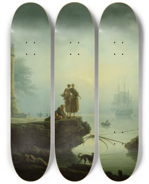 Triptych art skateboard deck of Claudejoseph Vernet Morning by Claude Joseph Vernet (1714-1789)
