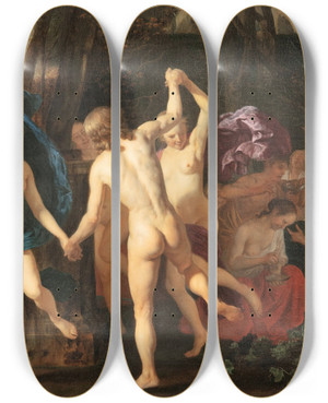 Triptych art skateboard deck of Jacob Van Loo A Bacchanal by Jacob Van Loo (1614-1670)