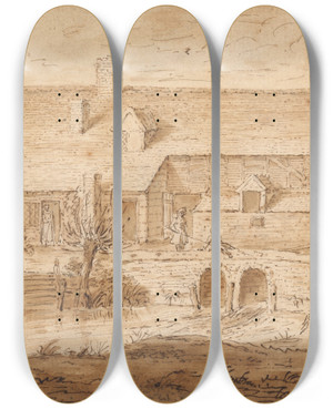 Triptych art skateboard deck of Louis Philippe Boitard View Near Aldenham Herts by Louis Philippe Boitard (1734-1760)