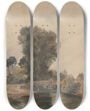 Triptych art skateboard deck of Peter Dewint Windsor From Below The Locks_1 by Peter Dewint (1784-1849)