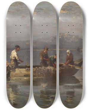 Triptych art skateboard deck of Joseph Wopfner Chiemseefischer_2 by Joseph Wopfner (1843-1927)