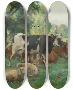 Triptych art skateboard deck of Julien Dupr Dans Un Pturage by Julien Dupre (1851-1910)