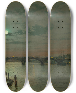Triptych art skateboard deck of John Atkinson Grimshaw London Bridge by John Atkinson Grimshaw (1836-1893)