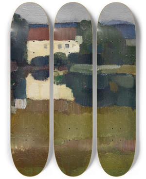 Triptych art skateboard deck of Leo Putz Schlo Am See Hartmannsberg by Leo Putz (1869-1940)