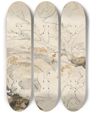 Triptych art skateboard deck of Cornelius Varley Bridge And Trees by Cornelius Varley (1781-1873)