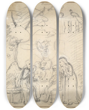 Triptych art skateboard deck of Nicolaes Maes Abraham Entertaining The Angels by Nicolaes Maes (1634-1693)