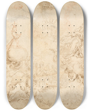 Triptych art skateboard deck of Alonso Cano The Holy Infant Adoring The Trinity by Alonso Cano (1601-1667)