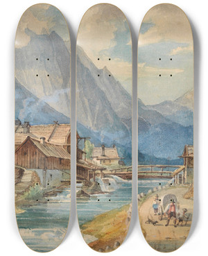 Triptych art skateboard deck of Anton Doll Dorf Am Gebirgsbach by Anton Doll (1826-1887)