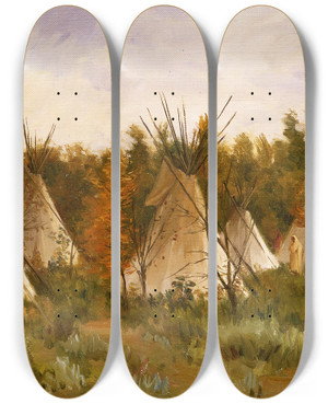 Triptych art skateboard deck of Joseph Henry Sharp The Summer Camp by Joseph Henry Sharp (1859-1953)