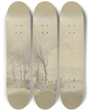 Triptych art skateboard deck of Jakob Frchtegott Dielmann Unter Einer Baumgruppe Liegt Ein Handwerksbursche In Blauem Kittel by Jakob Furchtegott Dielmann (1809-1885)