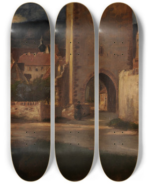 Triptych art skateboard deck of Albert Lang An Der Stadtmauer Von Gelnhausen by Albert Lang (1847-1933)