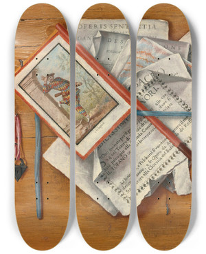 Triptych art skateboard deck of Antonio Cioci Trompe Loeil Still Life With Letters And Other Objects On A Board by Antonio Cioci (1722-1792)