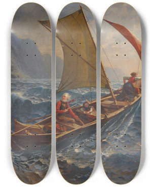 Triptych art skateboard deck of Hans Dahl Landesende For Stormen by Hans Dahl (1849-1937)