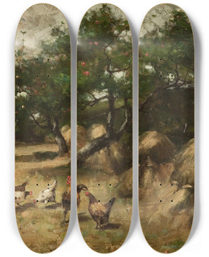 Triptych art skateboard deck of Max Weyl Roosters In The Yard by Max Weyl (1837-1914)