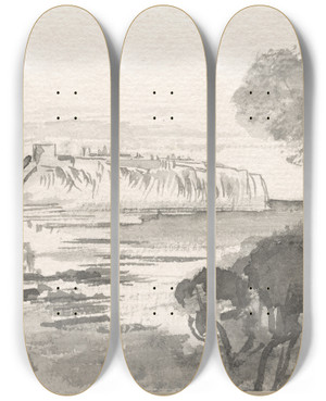 Triptych art skateboard deck of Edward Lear View Across A Bay Monaco by Edward Lear (1812-1888)
