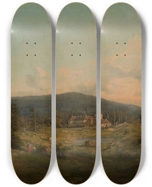 Triptych art skateboard deck of Feliks Brzozowski Mountain Landscape With Church And Monastery by Feliks Brzozowski (1836-1892)