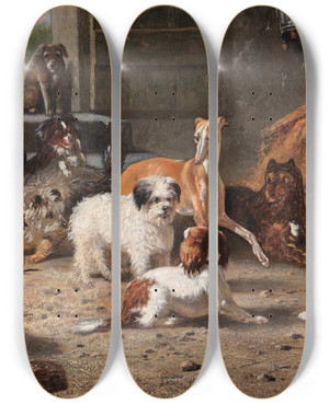 Triptych art skateboard deck of Bernard Te Gempt Hundeleben by Bernard Te Gempt (1826-1879)