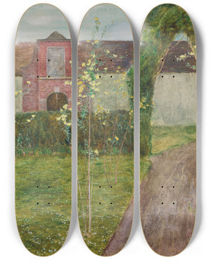 Triptych art skateboard deck of John George Sowerby The Convent Garden by John George Sowerby (1849-1914)