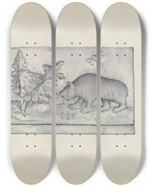 Triptych art skateboard deck of Flora Merchant Relief Panel Of Bear by Flora Merchant