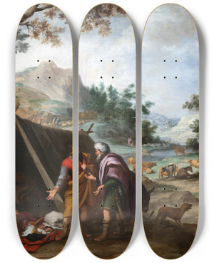 Triptych art skateboard deck of Bartolom Estebn Murillo Laban Searching For His Stolen Household Gods by Bartolome Esteban Murillo (1617-1682)